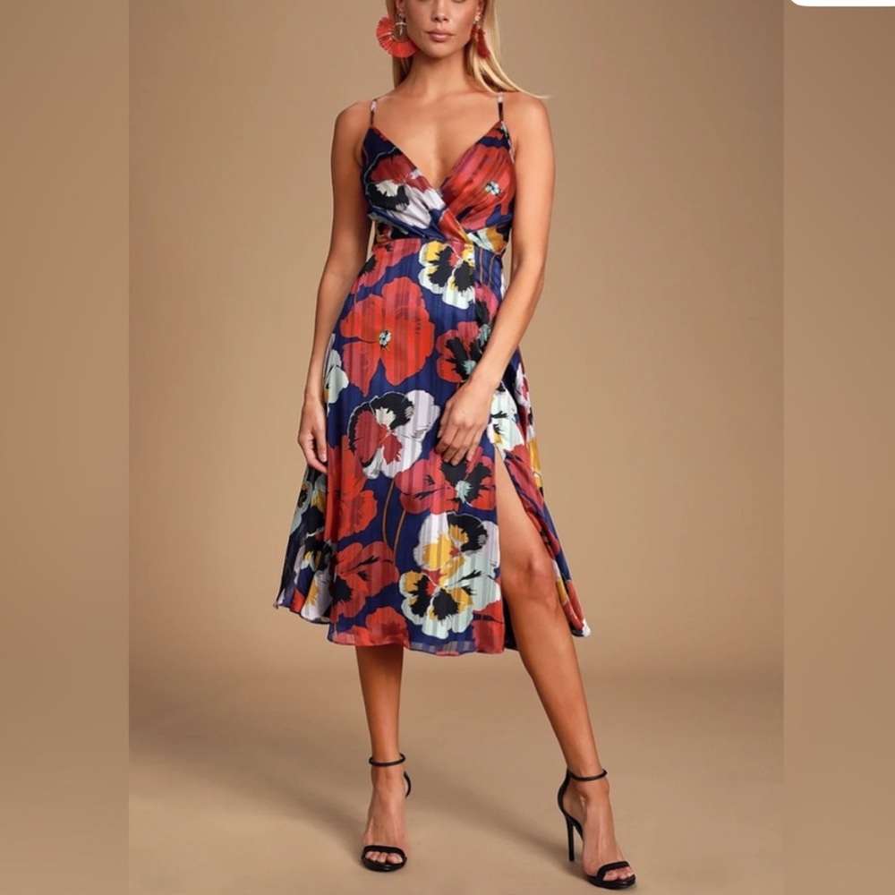 NWT Lulus All About Love Royal Blue Floral Midi Dress Size XSmall